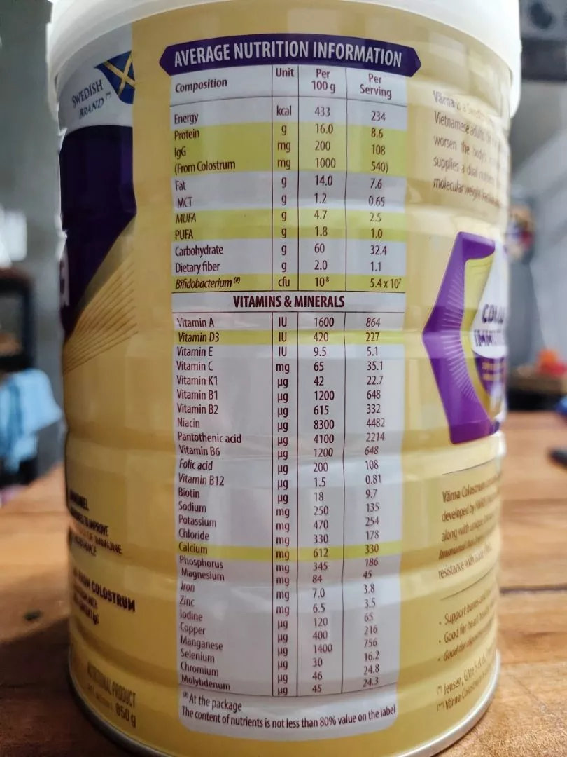 giá trị dinh dưỡng có trong varna colostrum