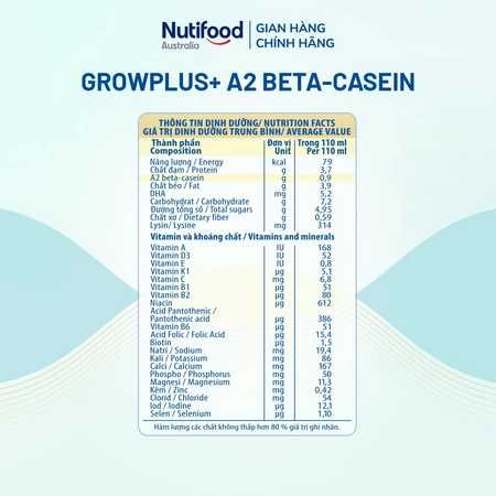 thông tin dinh dưỡng sữa growplus+ a2 beta-casein