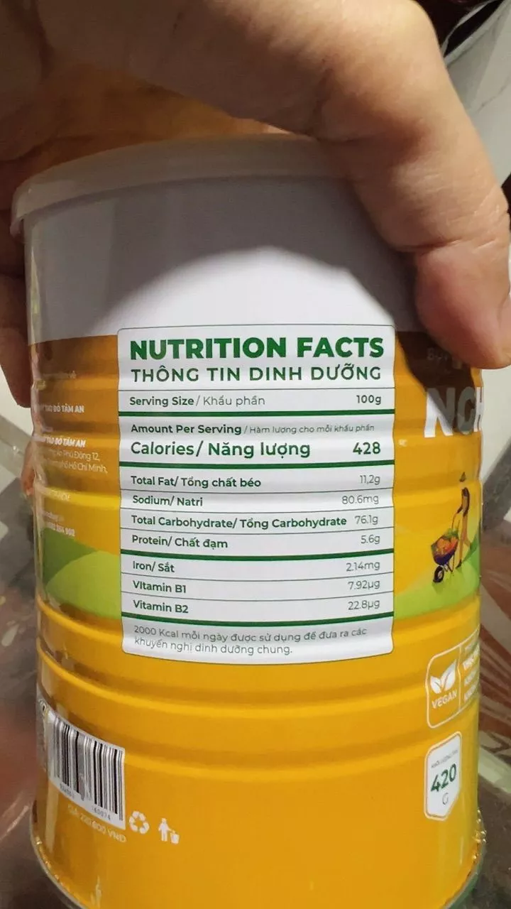 thông tin dinh dưỡng bột nghệ gạo lứt thuần chay